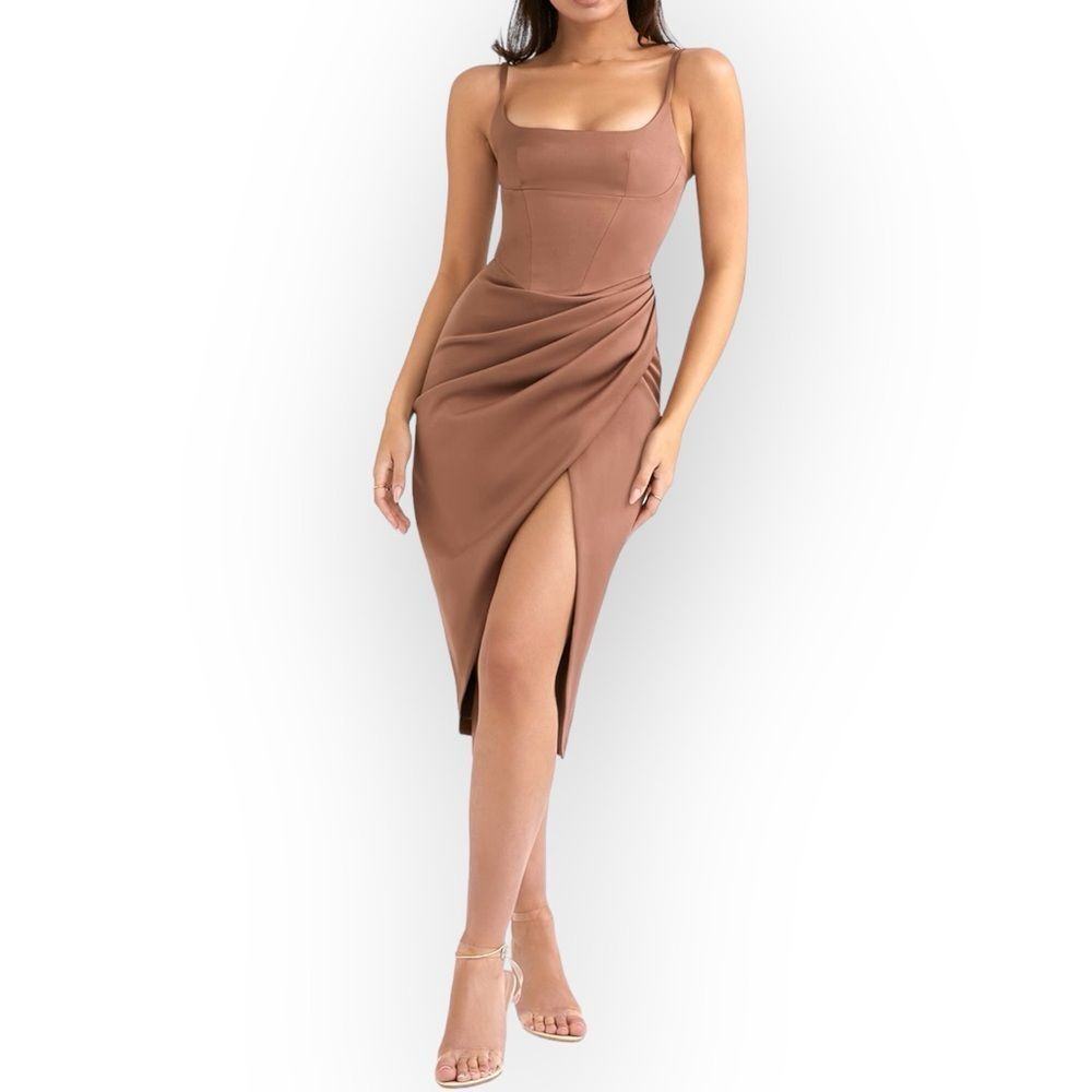 HOUSE OF CB NWT BIANCA MOCHA SATIN CORSET MIDI DRESS MOCHA BROWN SIZE XS